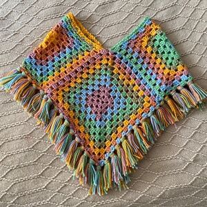 Handmade Colorful Crochet Fringe Poncho - 70's vibe